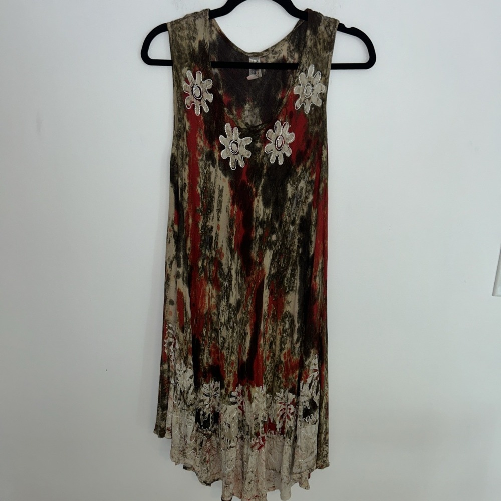 India Boutique Medium Embroidered Boho Short Sleeve Flowy 70S Festival Dress‎
